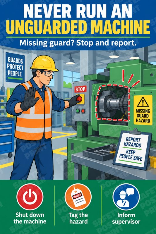 Never Run an Unguarded Machine - Missing Guard - English vertical safety poster - MS-64