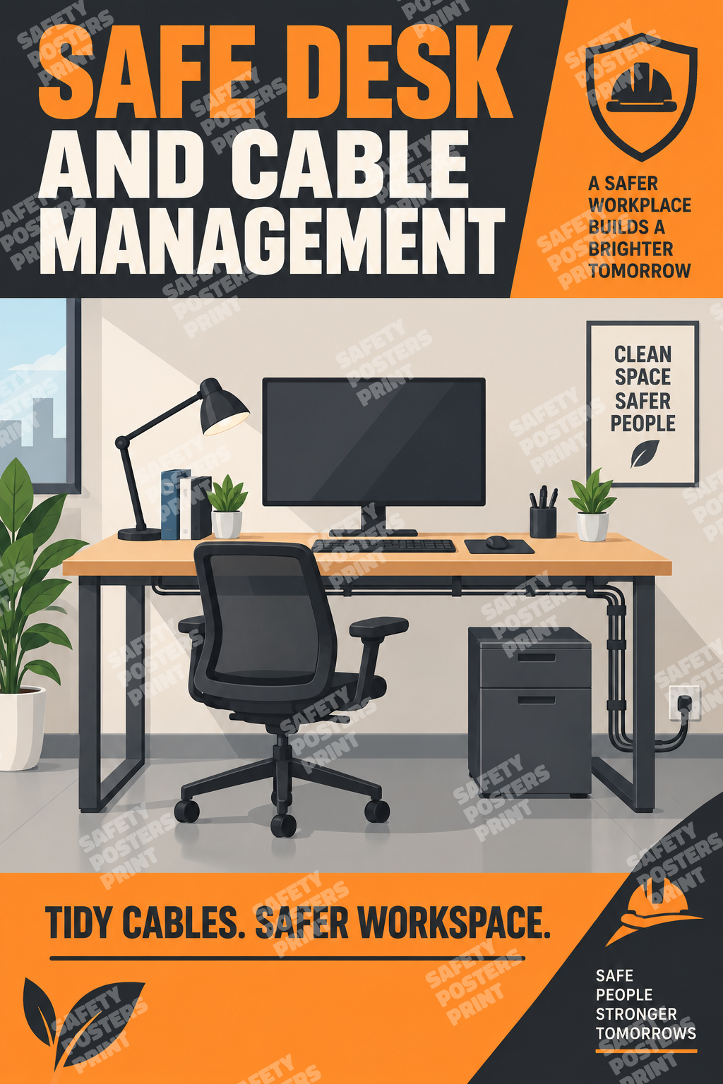 OES-13 Safe Desk and Cable Management - Tidy Cables, Safer Workspace. Workplace poster about desk organisation, cable management and a cleaner office workspace.