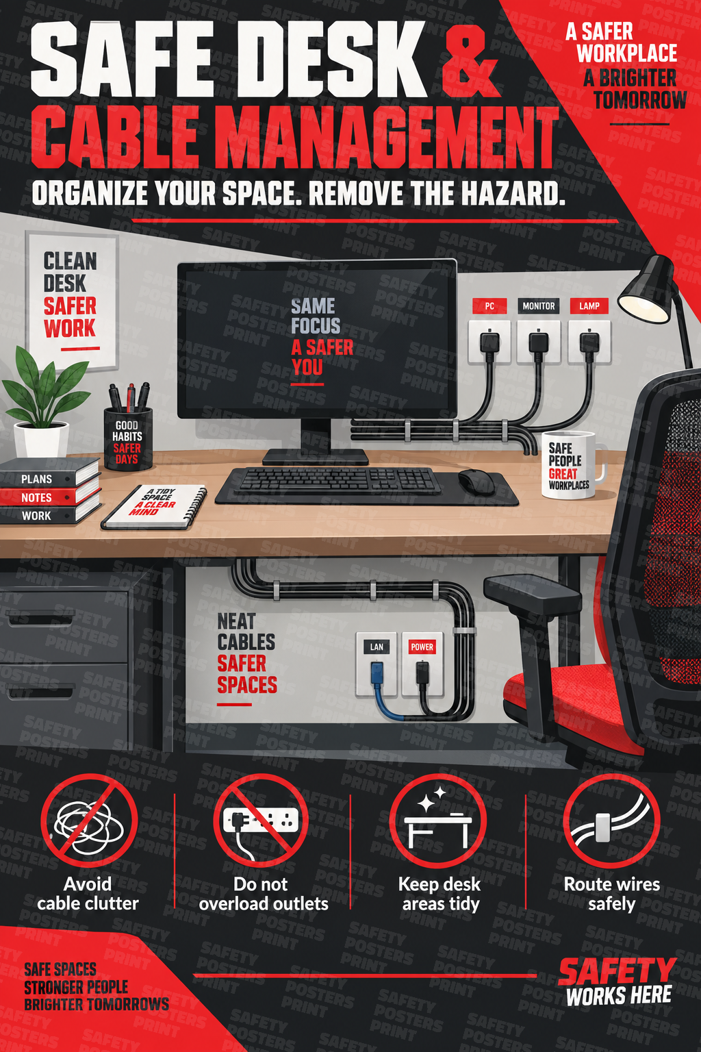 Safe Desk & Cable Management - Organize Your Space, Remove the Hazard safety poster
