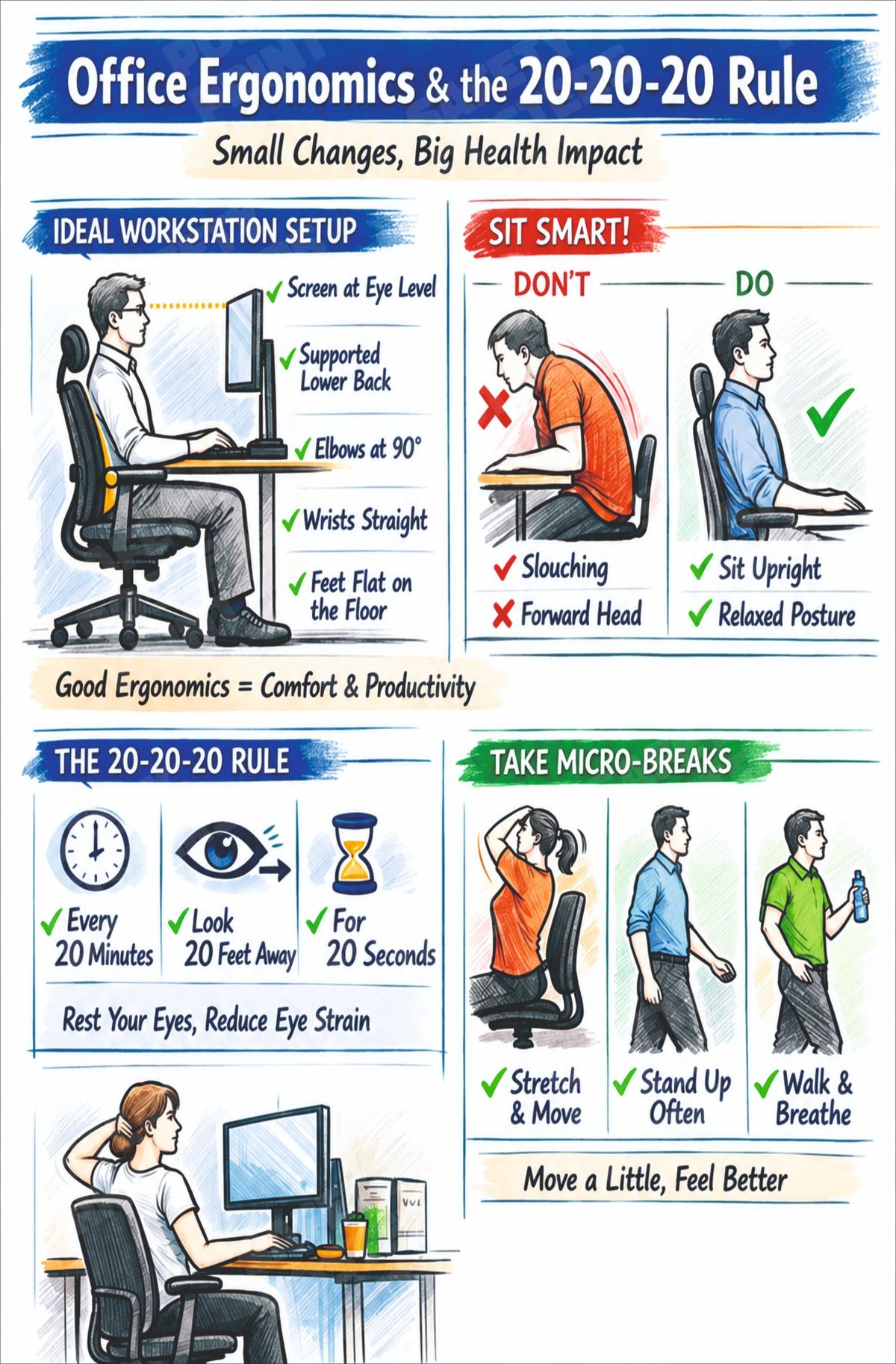 OES-30: Office Ergonomics and the 20-20-20 Rule. English vertical workplace safety poster.