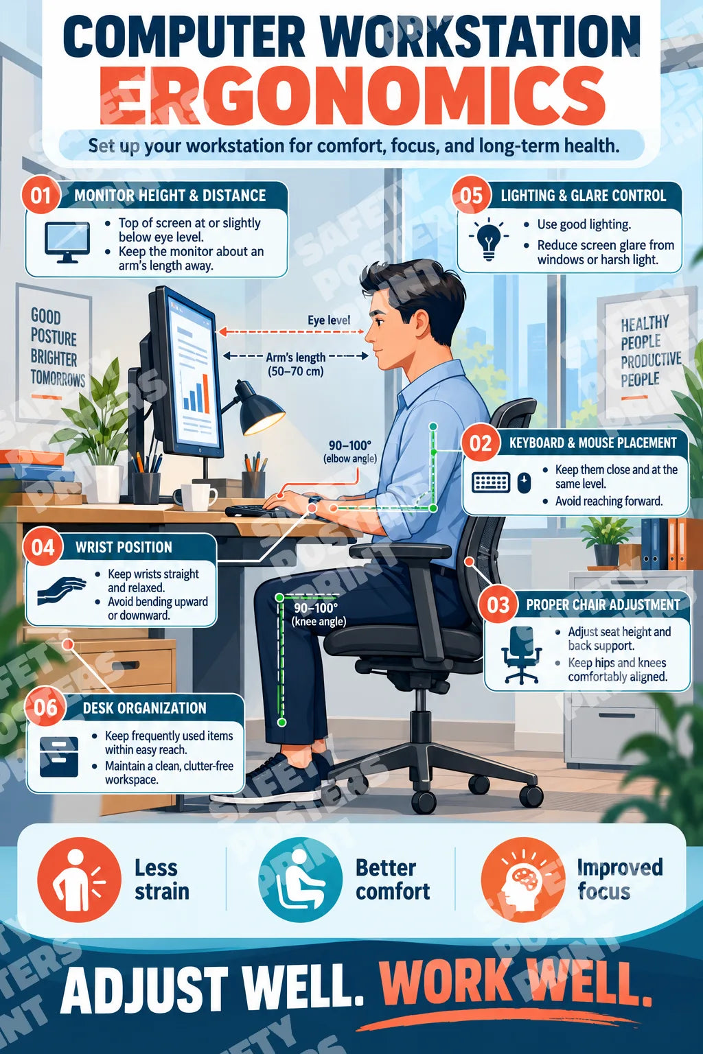 OES-5 Computer Workstation Ergonomics - Setup Guide: monitor height and distance, keyboard and mouse placement, chair adjustment, wrist position. Portrait English-language artwork.