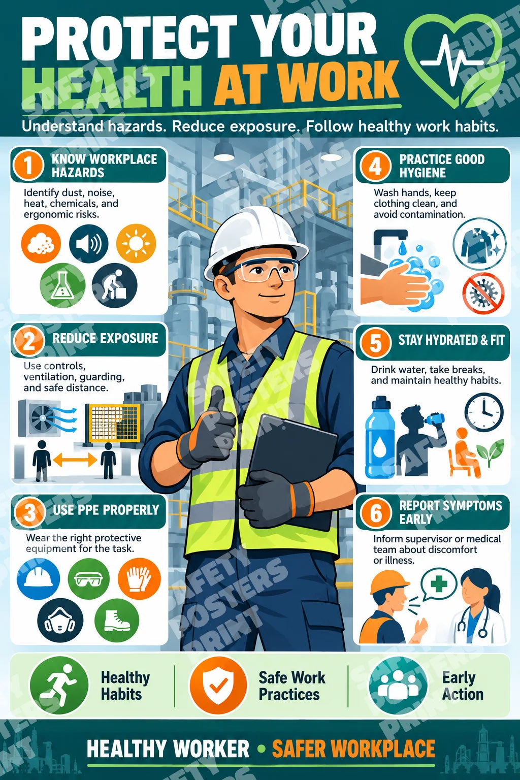 OH-2 Protect Your Health at Work: workplace hazard awareness, exposure controls, appropriate PPE, personal hygiene. Portrait English-language artwork.