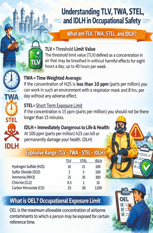 OH-28: TLV, TWA, STEL and IDLH - Exposure Terms Guide. English vertical workplace safety poster.