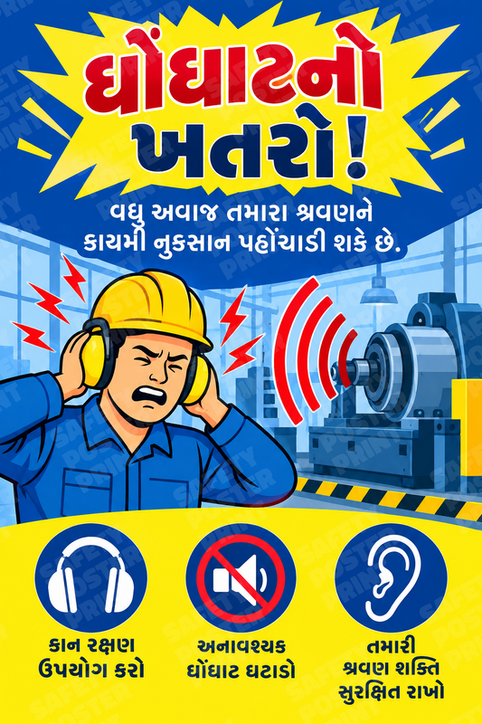 Noise Is a Hazard - Protect Your Hearing - Gujarati vertical safety poster - OH-29