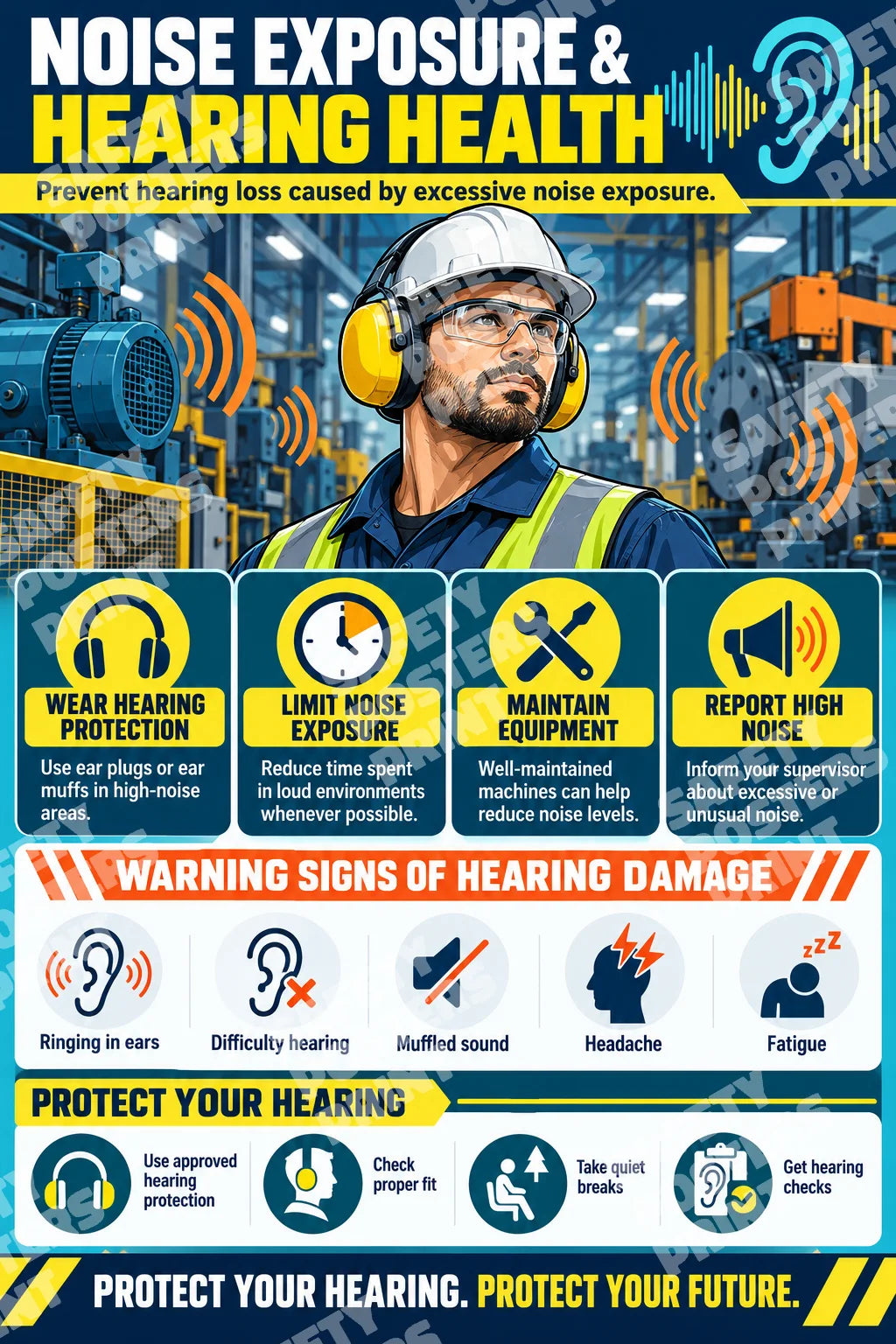 OH-8 Noise Exposure and Hearing Health: hearing protection, limiting noise exposure, equipment maintenance, reporting excessive noise. Portrait English-language artwork.