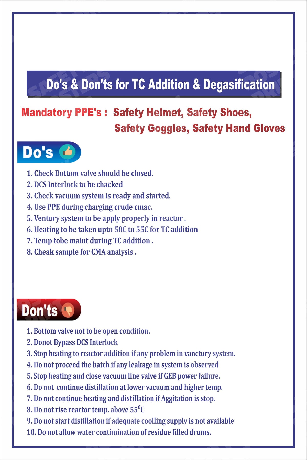 PP-29 TC Addition and Degasification - Do's and Don'ts workplace safety poster