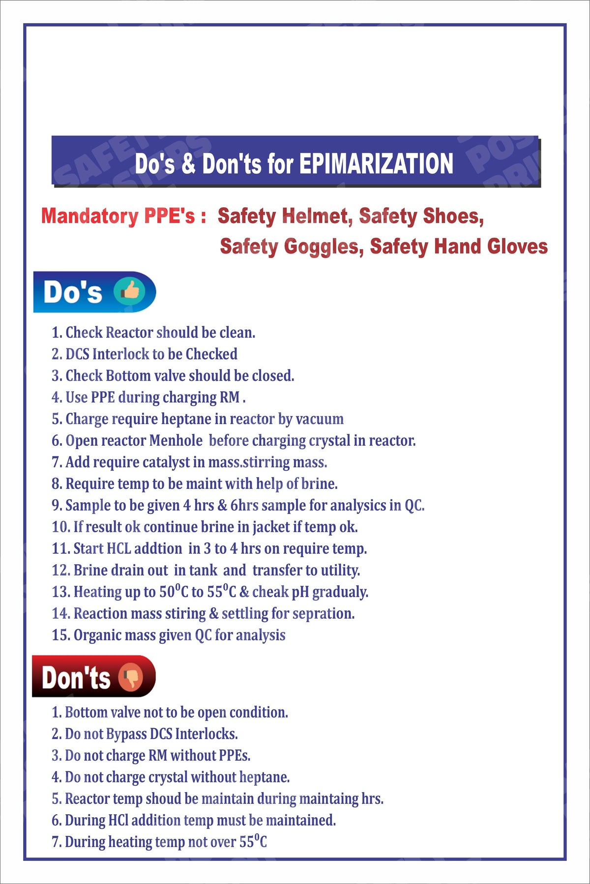 PP-33 Epimerization Process - Do's and Don'ts workplace safety poster