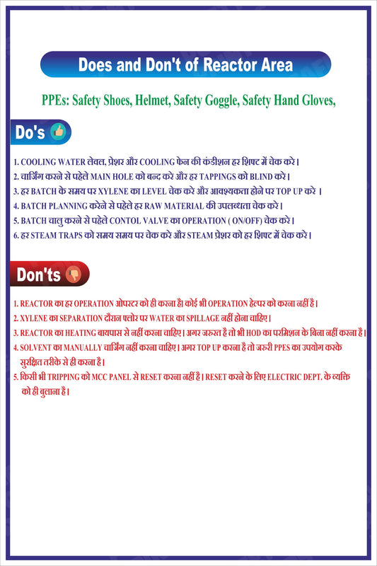 PP-61 Reactor Area - Do's and Don'ts - Hindi Guide workplace safety poster