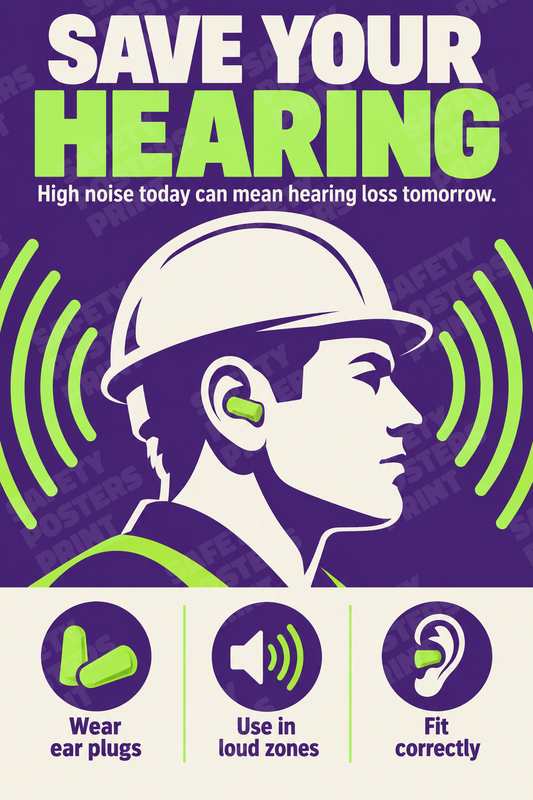 PPE-148: Save Your Hearing - Ear Plug Awareness. English vertical workplace safety poster.