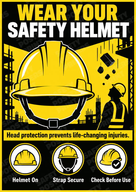 PPE-153: Wear Your Safety Helmet. English vertical workplace safety poster.