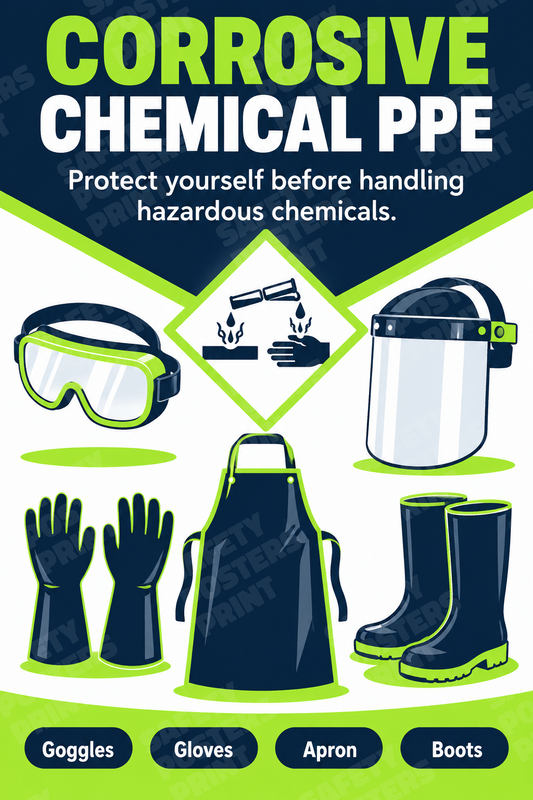 PPE-155: Corrosive Chemical PPE. English vertical workplace safety poster.
