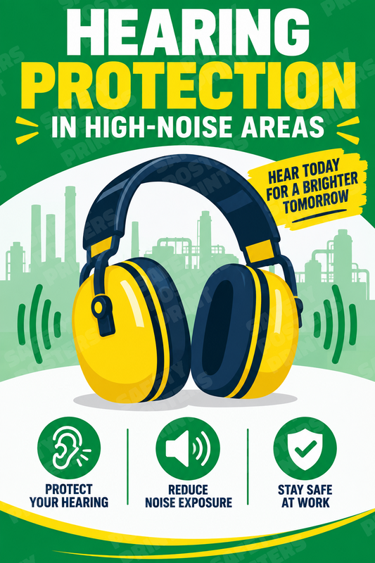 PPE-156: Hearing Protection in High-Noise Areas. English vertical workplace safety poster.