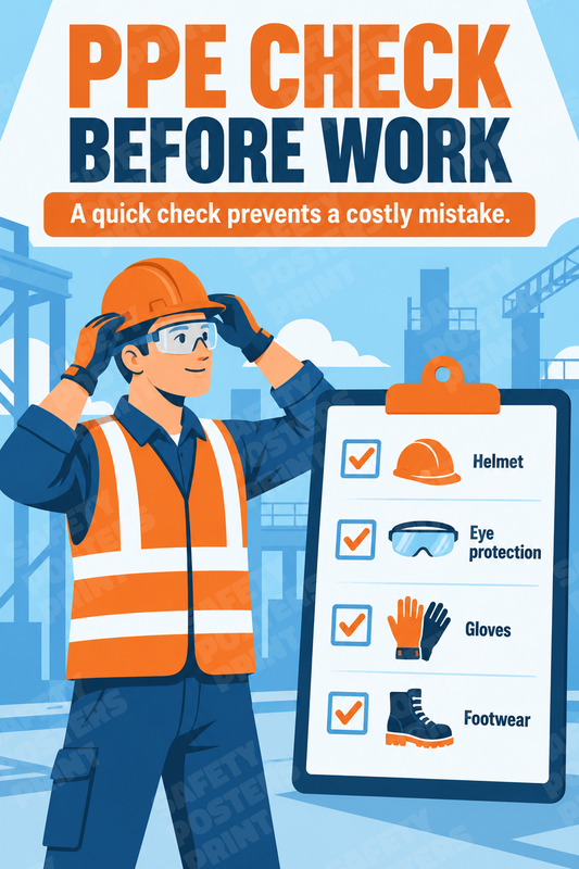 PPE-157: PPE Check Before Work. English vertical workplace safety poster.
