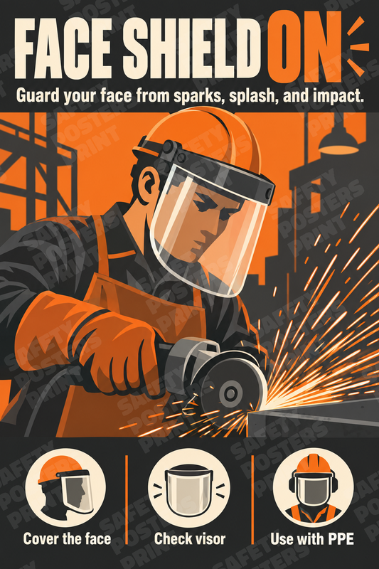 PPE-158: Face Shield On - Protect Your Face. English vertical workplace safety poster.