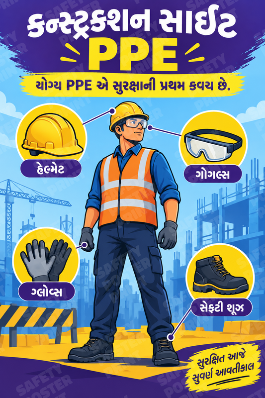 Construction Site PPE - Gujarati vertical safety poster - PPE-159