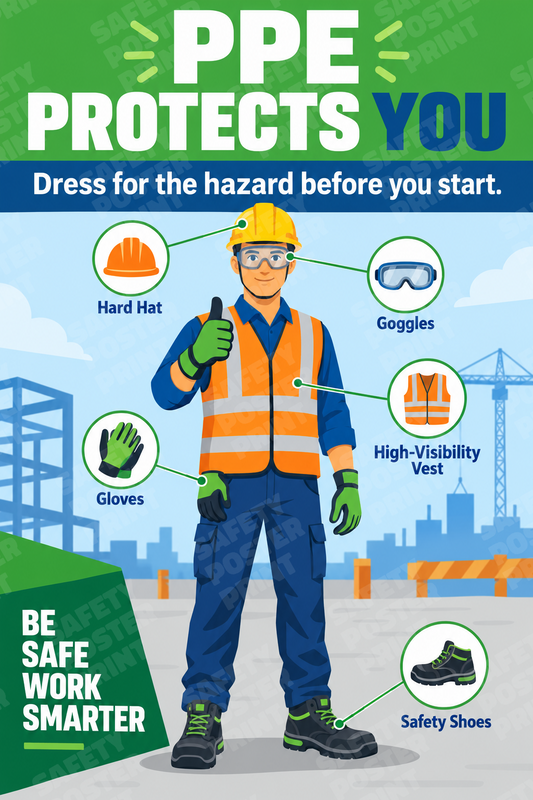 PPE Protects You - Dress for the Hazard - English vertical safety poster - PPE-160