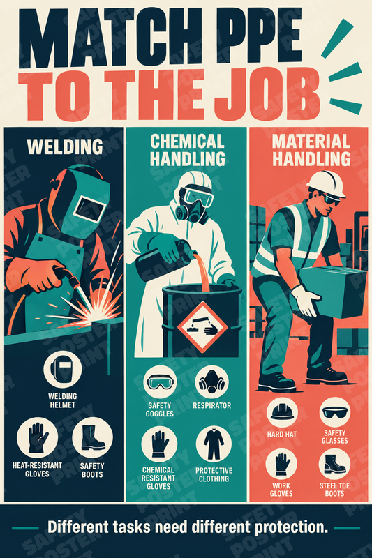 Match PPE to the Job - English vertical safety poster - PPE-163