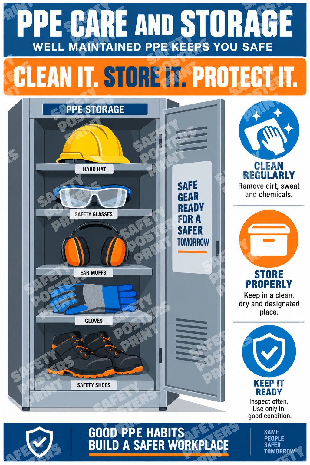 PPE-19 PPE Care and Storage - Clean It, Store It, Protect It. Workplace safety poster.