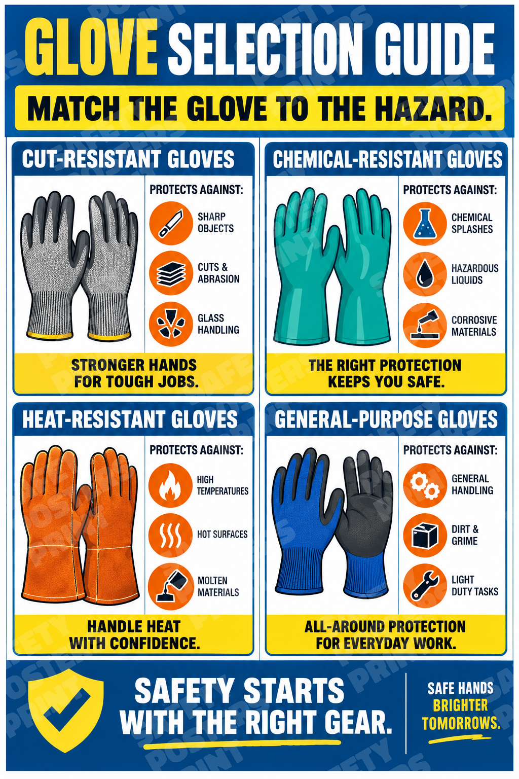 PPE-24 Glove Selection Guide - Match the Glove to the Hazard. Workplace safety poster.