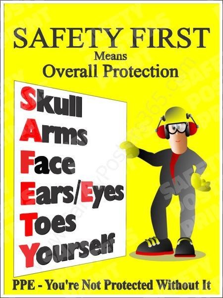 PPE-55 Safety First Means Overall Protection - Protect Yourself with PPE. Workplace safety poster.