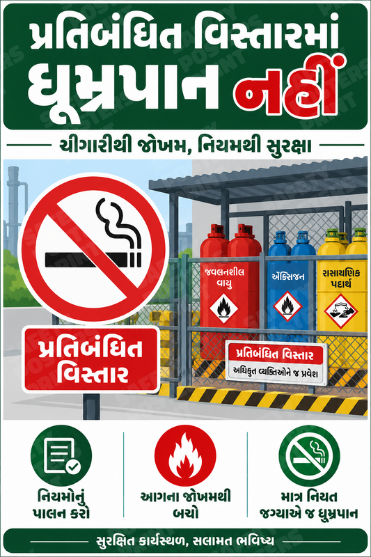PRO-83: No Smoking in Restricted Areas. Gujarati vertical workplace safety poster.