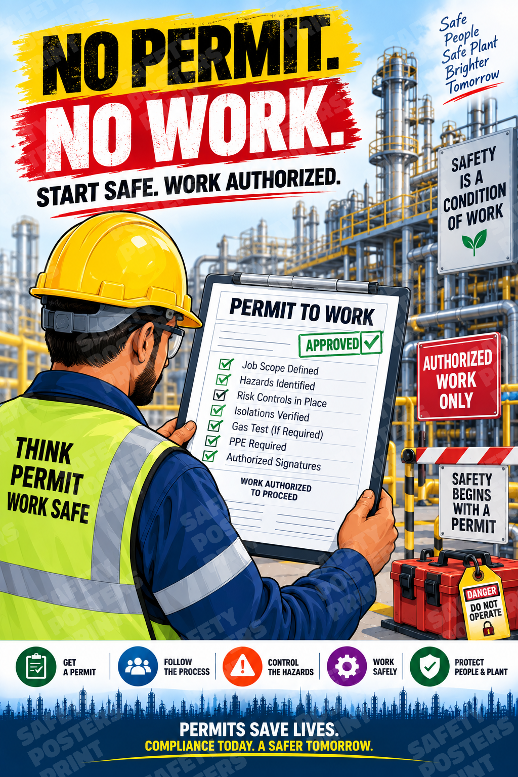 PTW-1 No Permit, No Work - Start Safe, Work Authorized. Workplace safety poster.