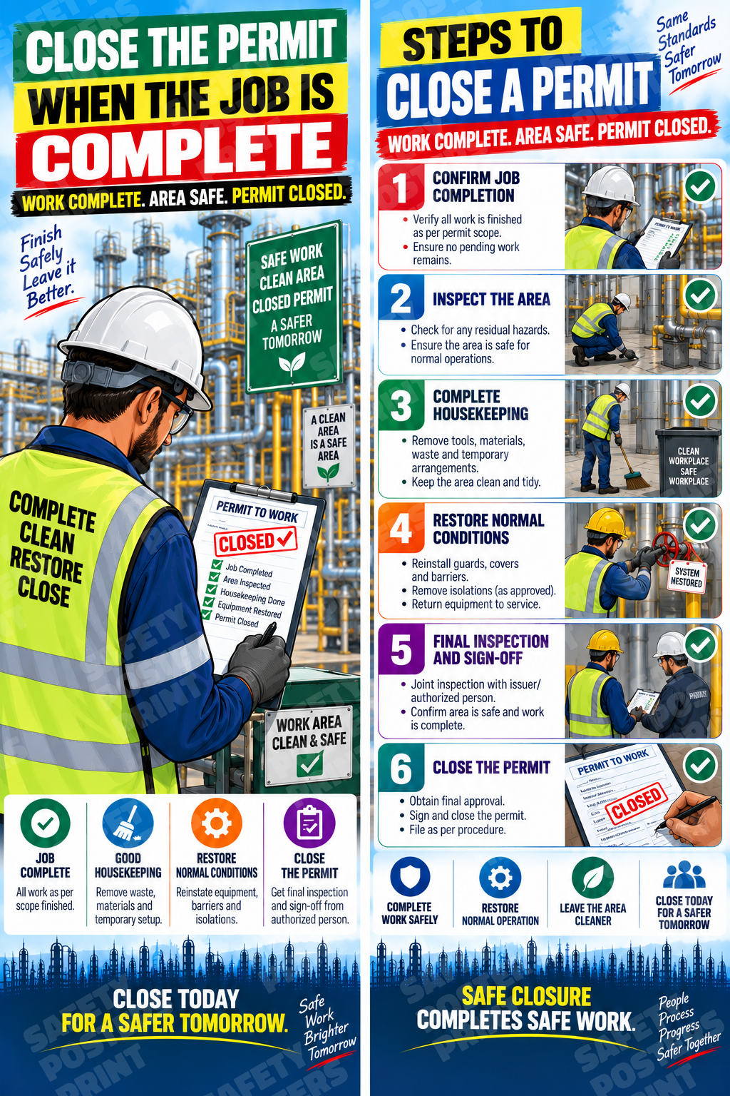 PTW-11 Close the Permit When the Job Is Complete - Restore the Area Safely. Workplace safety poster.