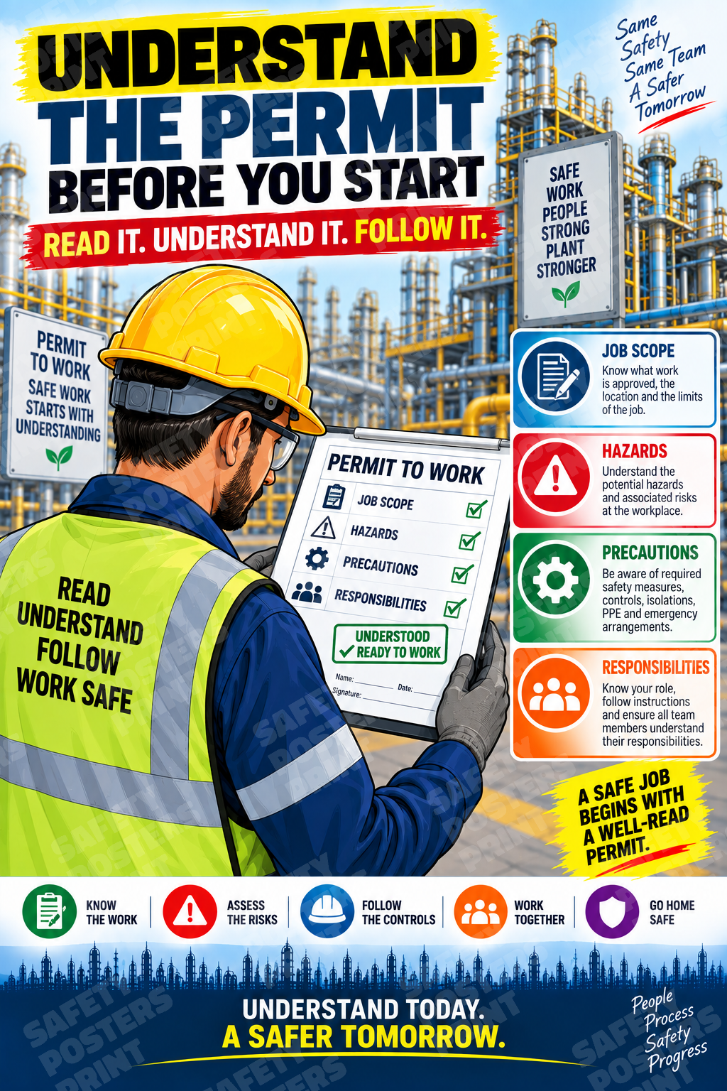PTW-5 Understand the Permit Before You Start - Read It, Understand It, Follow It. Workplace safety poster.
