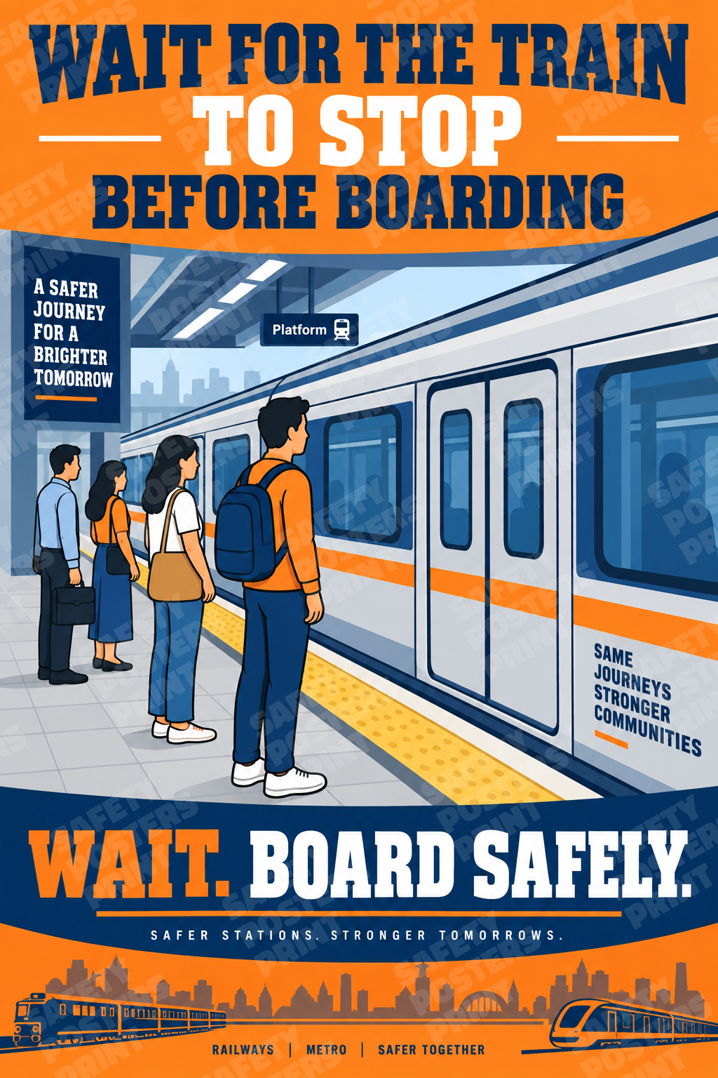 RAIL-14: Wait for the Train to Stop Before Boarding. English portrait safety poster.