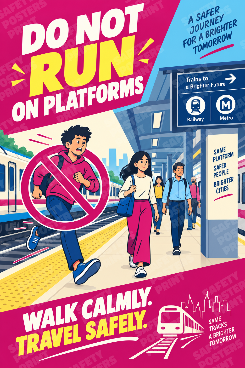 RAIL-16: Do Not Run on Railway Platforms - Illustrated Traveller. English portrait safety poster.