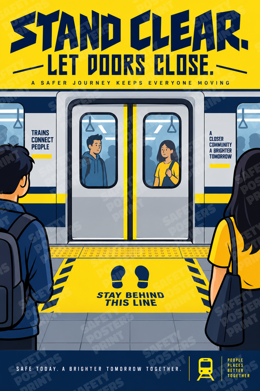 RAIL-22: Stand Clear Let Train Doors Close. English portrait safety poster.
