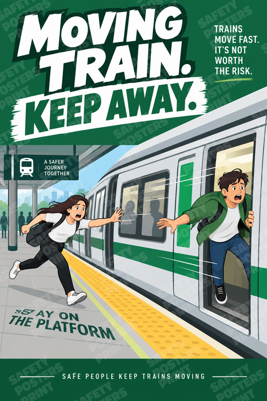 RAIL-23: Moving Train Keep Away. English portrait safety poster.