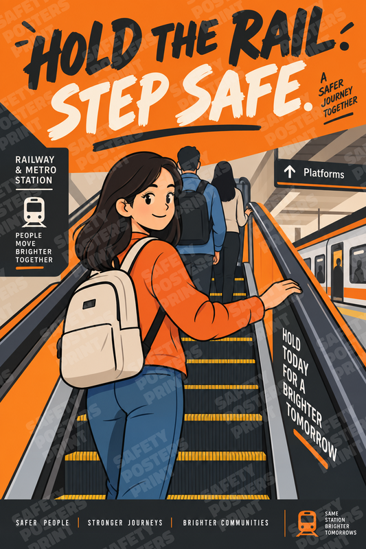 RAIL-25: Hold the Rail Step Safe - Station Escalators. English portrait safety poster.
