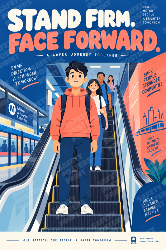 RAIL-26: Stand Firm Face Forward - Station Escalators. English portrait safety poster.