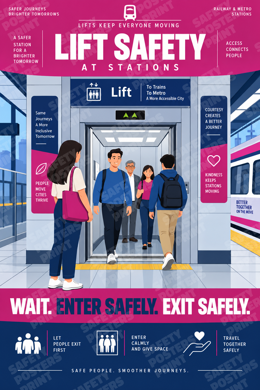 RAIL-27: Lift Safety at Railway and Metro Stations. English portrait safety poster.