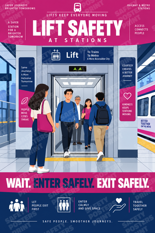 RAIL-27: Lift Safety at Railway and Metro Stations. English portrait safety poster.