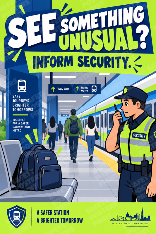 RAIL-28: See Something Unusual - Inform Railway Security. English portrait safety poster.