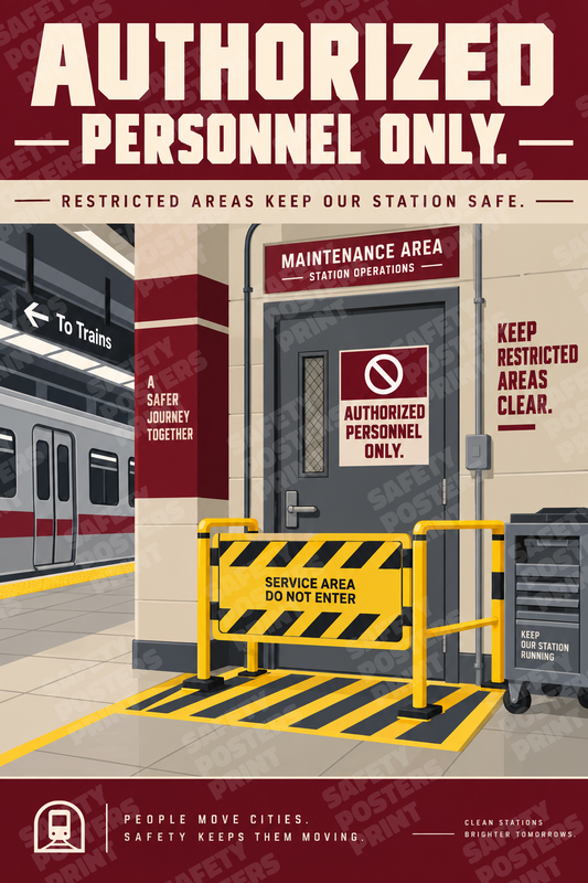 RAIL-29: Railway Restricted Areas - Authorized Personnel Only. English portrait safety poster.