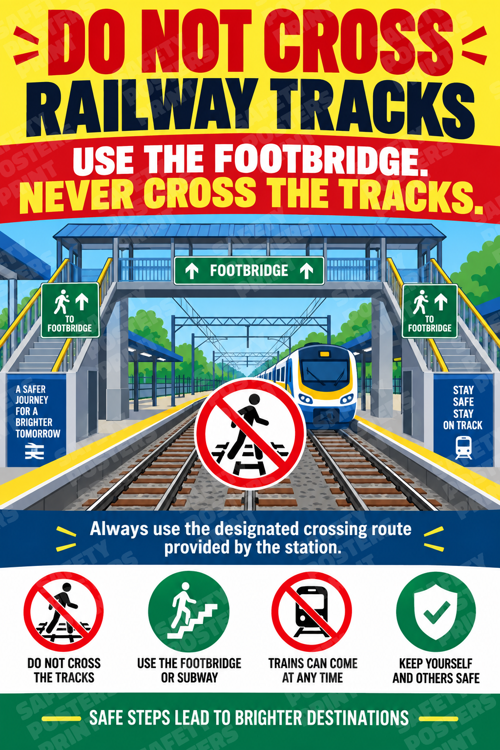 RAIL-3: Do Not Cross Railway Tracks - Use the Footbridge. English portrait safety poster.