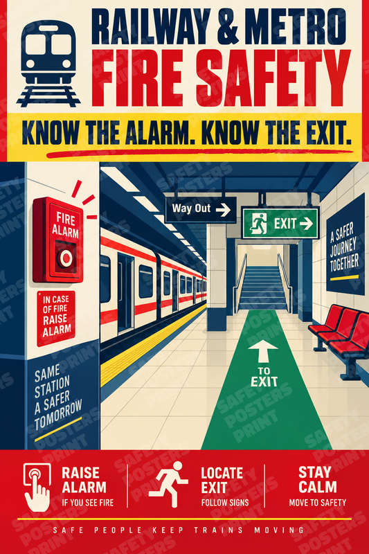 RAIL-30: Railway and Metro Fire Safety - Alarm and Exit Route. English portrait safety poster.
