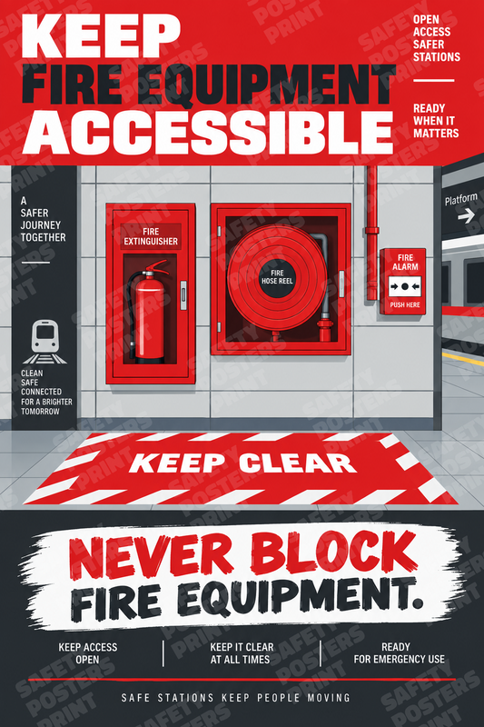 RAIL-31: Keep Railway Fire Equipment Accessible. English portrait safety poster.
