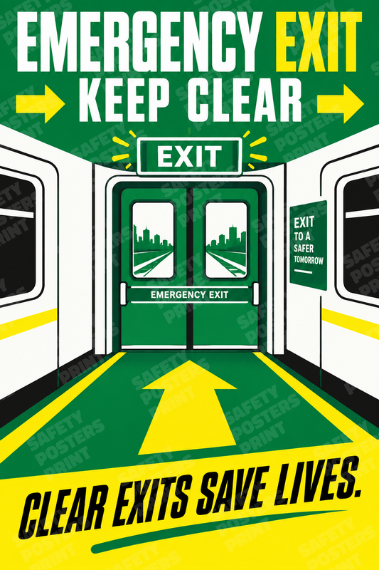 RAIL-32: Railway Emergency Exit - Keep Clear. English portrait safety poster.