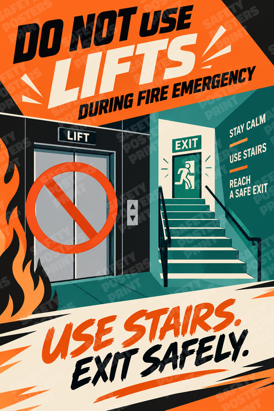 RAIL-33: Do Not Use Lifts During Station Fire Emergencies. English portrait safety poster.