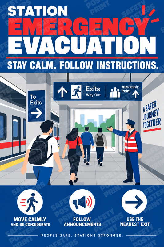 RAIL-34: Station Emergency Evacuation - Stay Calm Follow Instructions. English portrait safety poster.