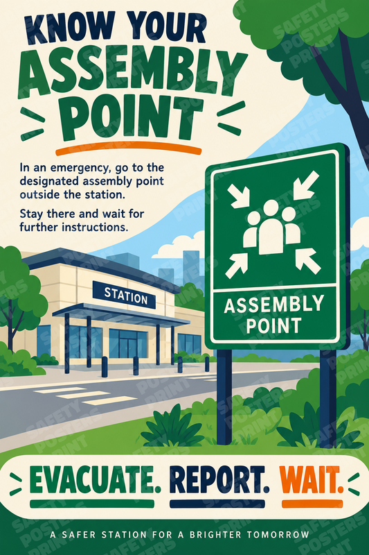 RAIL-35: Know Your Railway Station Assembly Point. English portrait safety poster.