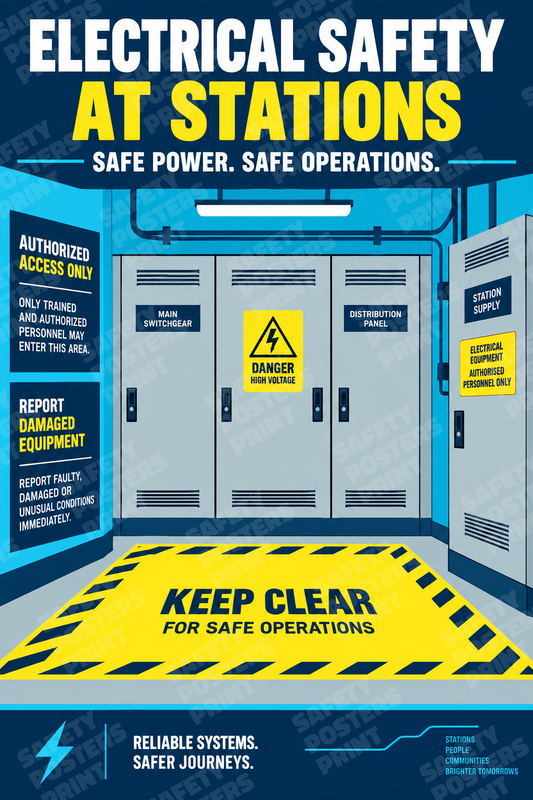 RAIL-36: Electrical Safety at Railway and Metro Stations. English portrait safety poster.
