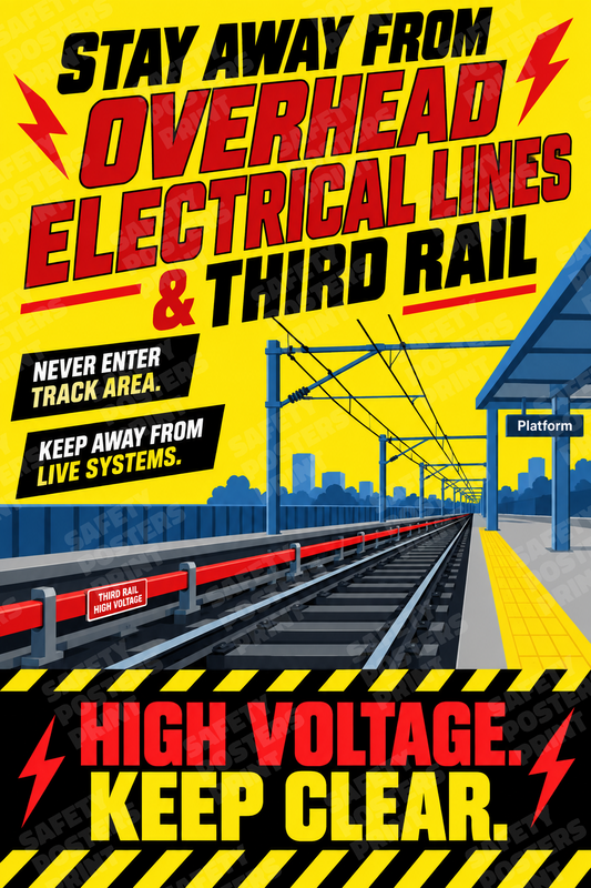 RAIL-37: Stay Away from Overhead Electrical Lines and Third Rail. English portrait safety poster.