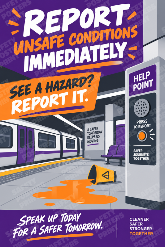 RAIL-38: Report Unsafe Railway Conditions Immediately. English portrait safety poster.