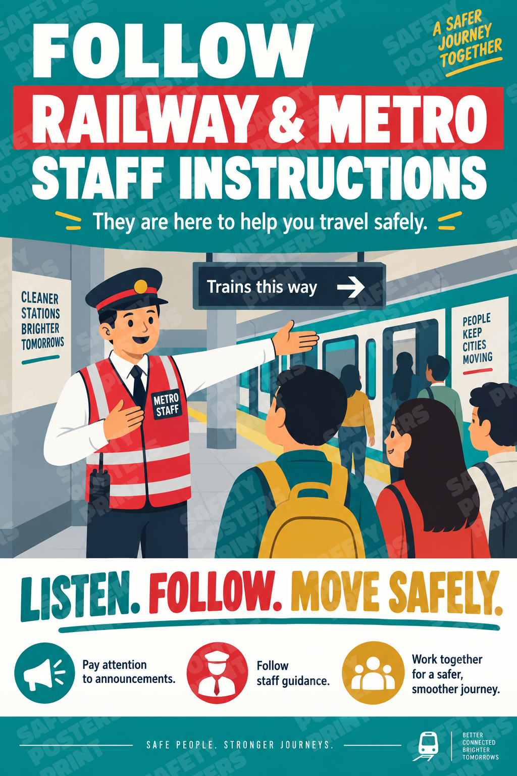 RAIL-39: Follow Railway and Metro Staff Instructions. English portrait safety poster.