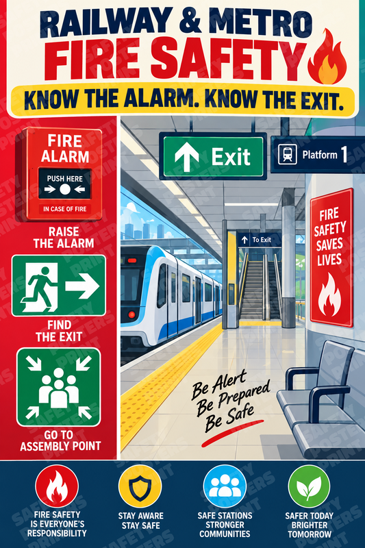 RAIL-40: Railway and Metro Fire Safety - Emergency Action Checklist. English portrait safety poster.